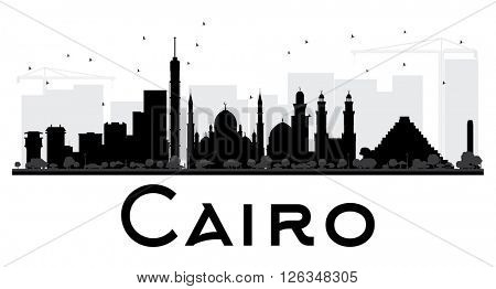 Cairo City skyline black and white silhouette. Vector illustration. Simple flat concept for tourism presentation, banner, placard or web site. Business travel concept. Cityscape with landmarks