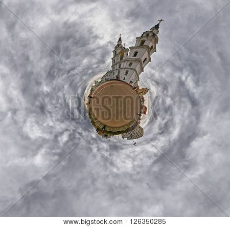 Little Planet Panorama of Holy Spirit (Svyato-Duhov) Cathedral, Main Landmark of Minsk, The Capital of Belarus