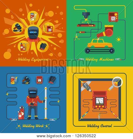 Welding 2x2 design concept set of welder equipment welding machines measuring and control instrument isolated vector illustration