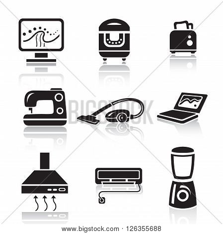 Household appliances icon set in minimalist style. Black sign on white background