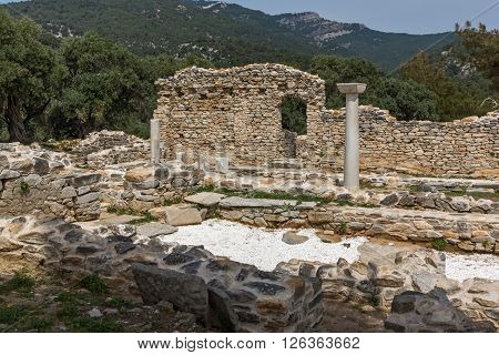Columns in Ruins of ancient church in Archaeological site of Aliki, Thassos island,  East Macedonia and Thrace, Greece