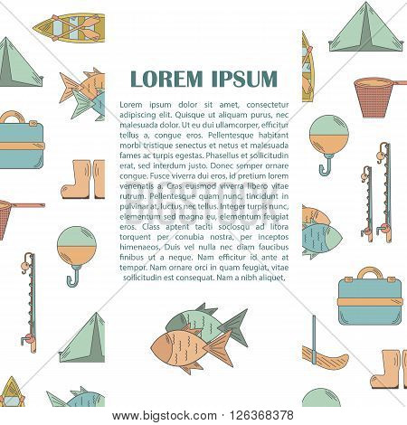Vector illustration with fishing infographics. Line fishing equipment. Vector background for fishing infographics with textspace. Fishing card or poster. Outdoor hobby fishing infographics