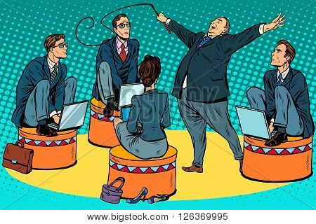 Boss businessmen trainer at the circus pop art retro style. The business concept of the circus and teamwork. Power in politics