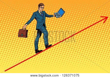 Businessman acrobat walking the wire graphics pop art retro style. The business concept of the circus. Balance in business