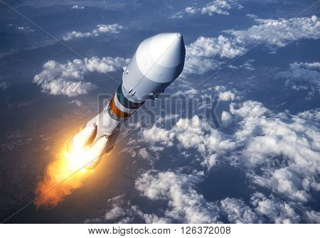 Cargo Carrier Rocket Launch In The Clouds. 3D Scene.