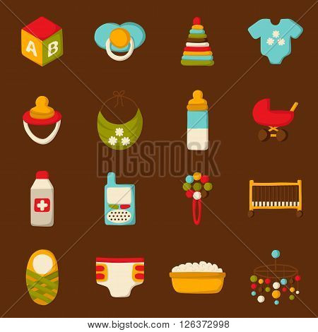 Vector baby care goods. Baby shower concept. Baby care and newborn goods in cartoon style. Baby care icons. Vector illustration with baby care goods. Isolated newborn baby icons. Babycare concept