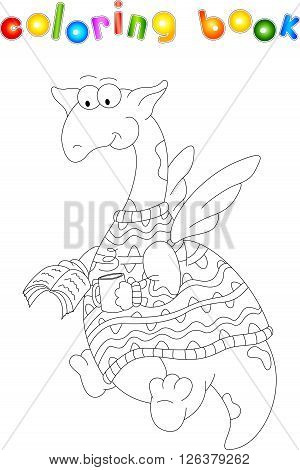 Cartoon Dragon In A Sweater Reads A Book. Coloring Book For Kids