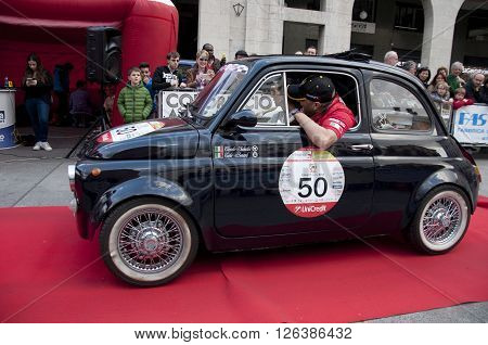 BRESCIA, ITALY - APRILE 17, 2016:500 Miglia. Finish. Fiat 500 Abarth 695 SS, 1970 built