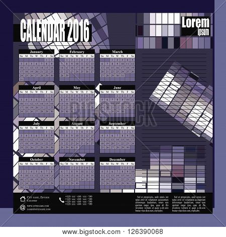 Wall Monthly Calendar for 2016 Year. Vector Design Print Template with Place for Photo. Week Starts Monday. 3 Months on Page. Set of 12 Months - gray purple