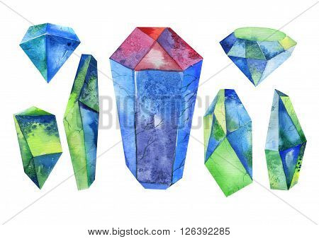 Watercolor crystal mineral gem set. Hipster illustration for your design