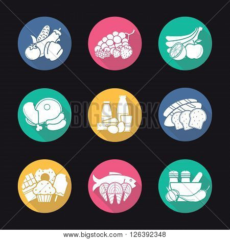 Grocery store items flat design long shadow icons set. Everyday products. Raw meat, fish fillet, milk, berries and vegetables symbols.Sliced bread and spices. Logo concepts. Vector illustrations