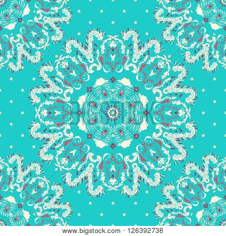 Circle ornament, lace. Round pattern. Elegance lace pattern on a blue background. Circle background with many details looks like crocheting handmade lace.