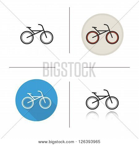 Bicycle flat design, linear and color icons set. Sport bike icons. Pedal driven vehicle. Sport transportation. Long shadow logo concept. Isolated bicycle vector illustrations. Infographic elements