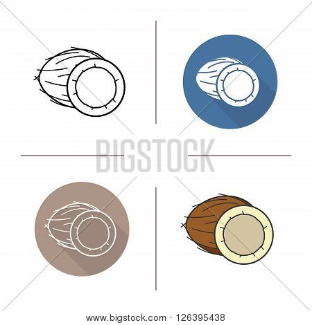 Coconut flat design, linear and color icons set. Coconut in different styles. Halved coconut icons. Tropical fruit. Long shadow logo concept. Isolated vector illustrations. Infographic elements