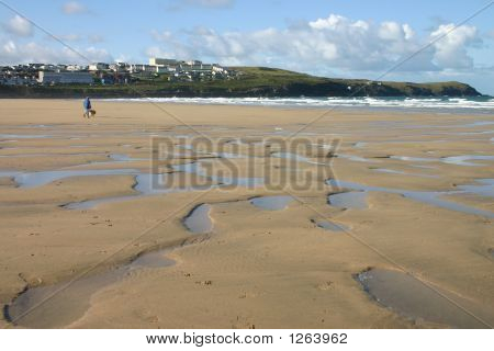Venčení psa na Fistral Beach, Newquay, Cornwall, Velká Británie