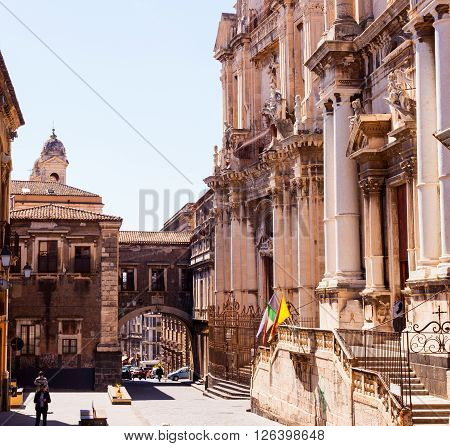 CATANIA ITALY - MARCH 31: View of Via dei Crociferi and San Benedetto Arch on March 31 2016