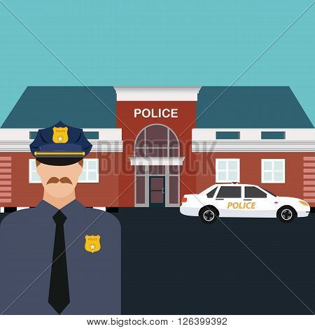 police station officer standing in front of office with car vector cartoon