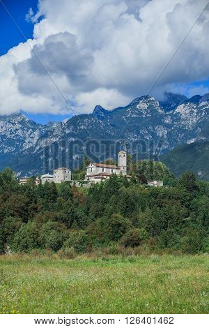 View to church in Dolomite mountains. Italian Alps