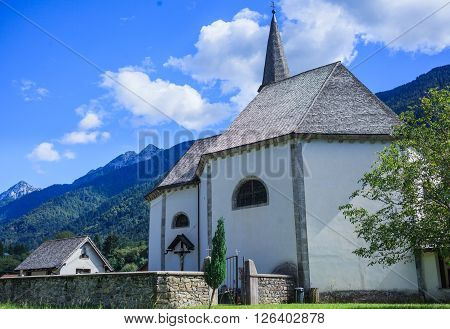 View to church in Dolomite mountains. Italian Alps