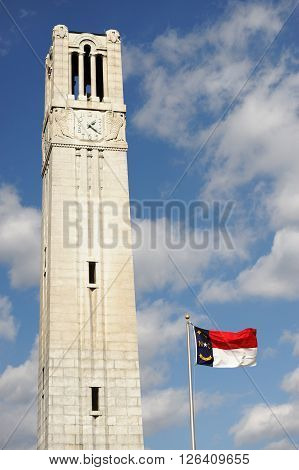 bell tower and North Carolina state flag