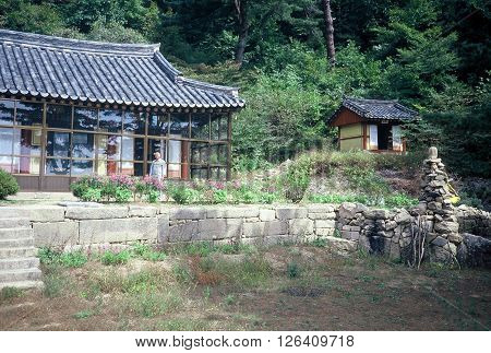 SONGNISAN NATIONAL PARK / KOREA - CIRCA 1987: A A Buddhist hermitage on a mountain in Songnisan National Park.