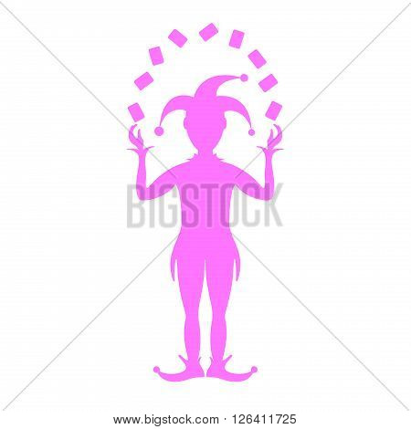 Pink silhouette of joker playing with cards on white background