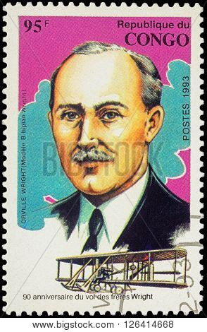 MOSCOW RUSSIA - APRIL 15 2016: A stamp printed in Congo shows Portrait of Orville Wright series 