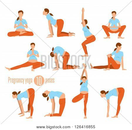 Pregnancy yoga. Yoga for pregnant women. Doing Stretches and Light Weight Aerobics. Yoga Excersises. Bitmap illustration.
