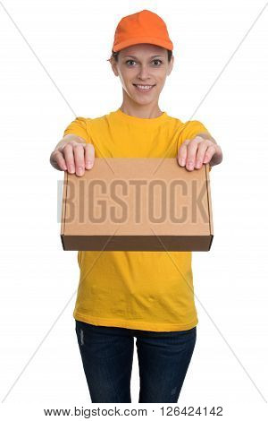 Delivery Woman Holding Package Isolated