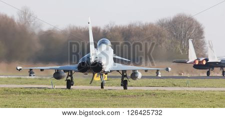 Leeuwarden, Netherlands - April 11, 2016: German Air Force Eurofighter During The Exercise Frisian F