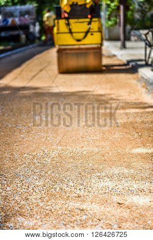 Construction Roller Or Steamroller During Road Construction. Asphalt Pavement Works.