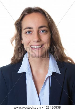 Passport photo of a blond businesswoman with blue eyes and blazer on an isolated white background for cut out
