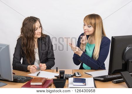 Office Employee Observes As Lipstick Colleague Sitting Beside His Desk
