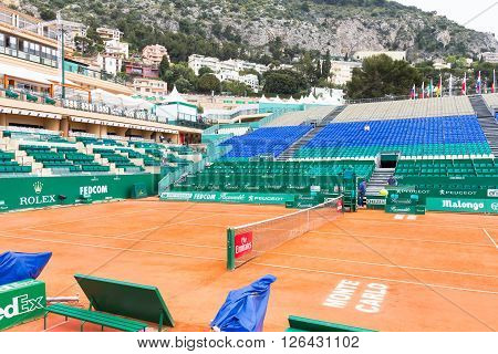 Monte Carlo Monaco - 17 April 2016: Clay tennis court prepared for the Monte-Carlo Rolex Masters finals. The tournament is played every year in the April-May period.