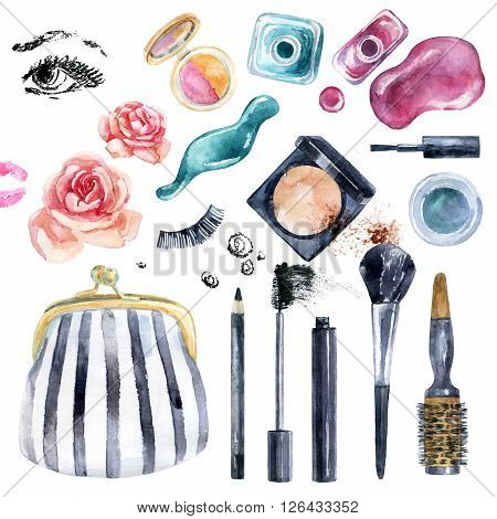 Watercolor beauty collection for make up. Essential makeup must-haves. Cosmetics set isolated on white. Beauty product background. Hand painted illustration for fashionable design.