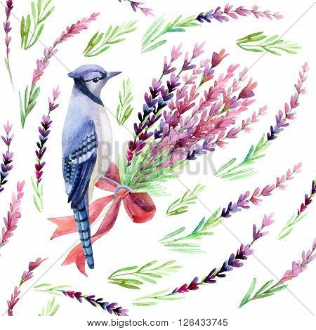 Blue jay with lavender seamless pattern on a white background. Hand painted watercolor illustration.