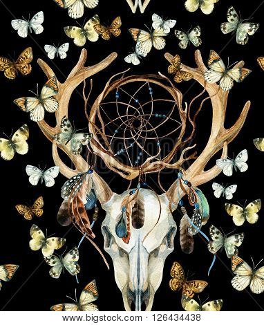 Deer skull seamless pattern. Animal skull with dreamcather and butterfly. Deer skull and ethnic dreamcatcher with feathers and butterfly seamless pattern on black background. Watercolor hand painted illustration.