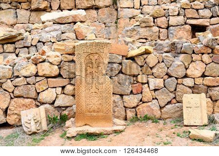 Sacred place at Ancient monastery Noravank in the mountains in Amaghu valley, Armenia. Was founded in 1205. 