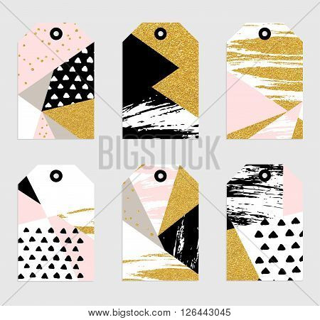6 Abstract hand drawn geometric greeting tags with glitter, sharpen textures, brush painted elements. Cute labels template. Gold, blue, black and white colors.