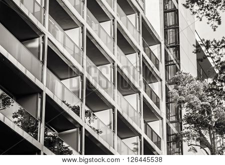 Jurmala Latvia - July 18 2014: Hotel Jurmala SPA in Jurmala Latvia modern resort hotel on sea beach facade of hotel black and white