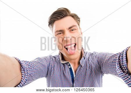 Handsome Happy Man Making Comic  Selfie And Showing Tongue