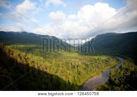 Aerial view on the forest and river in Russia