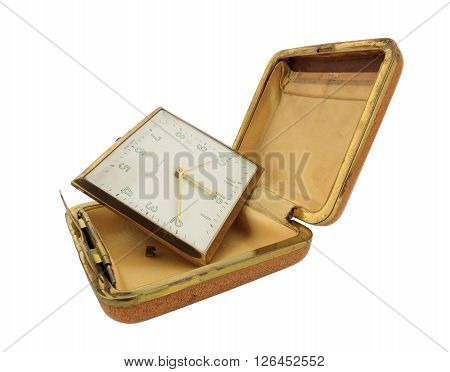 Broken Old Travel Clock isolated on white with clipping path