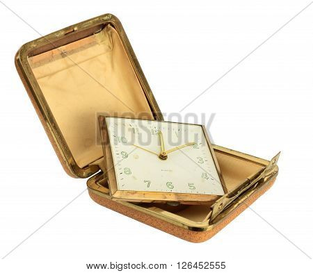Broken Old Travel Clock isolated on white with clipping path