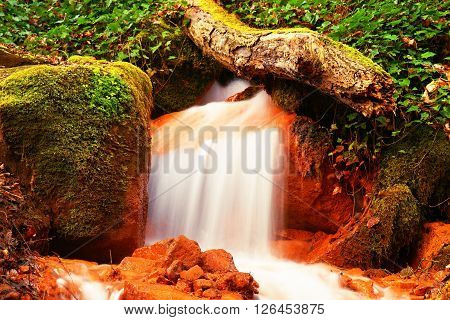 Cascades In Rapid Stream Of Mineral Water. Red Ferric Sediments On Big Boulders Between Green Ferns