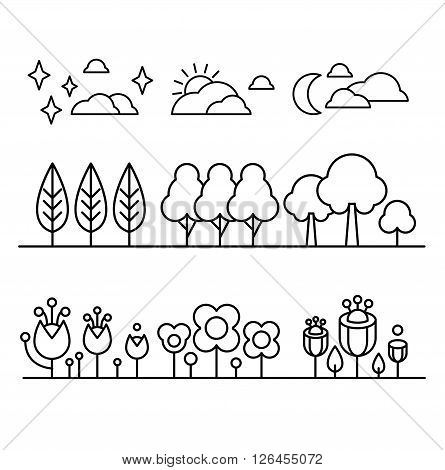 Trees, Flower And Sky Countour  Black White Set Of Flat Vector Icons In Cool Doodle Style