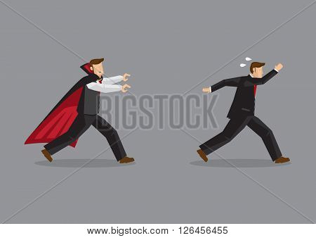 Funny scene of frightened man running away from a vampire hungry for blood. Creative vector illustration isolated on grey background.
