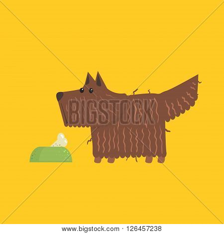 Scottish Terrier With Food Bowl Funny Flat Vector Illustration In Creative Applique Style