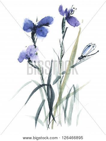 Watercolor and ink illustration of blossom flower. Gohua sumi-e u-sin painting.
