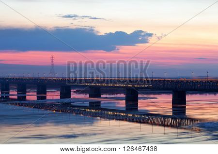 Floating of ice in spring on Amur river in Khabarovsk Russia